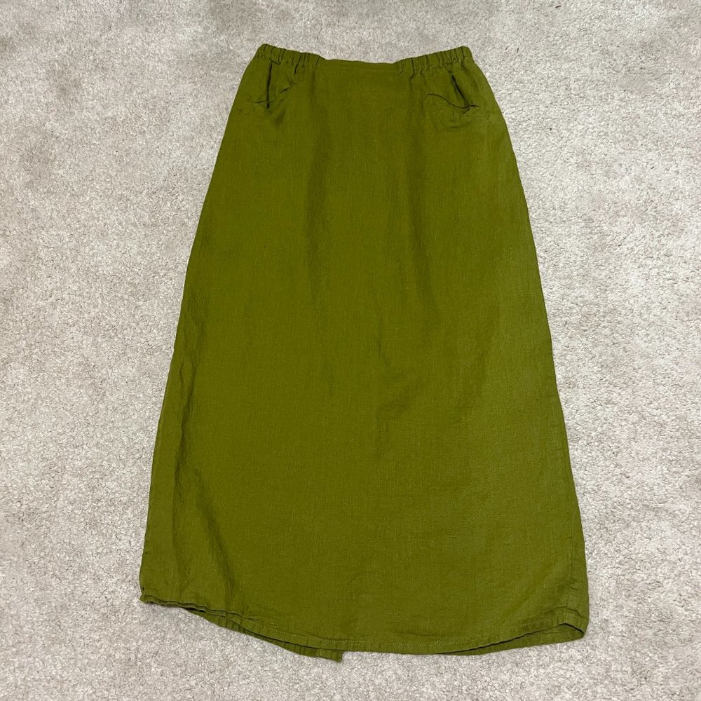 Flax Midi Skirt Size Small 100% Linen Olive Green Elastic Waist Slit Casual